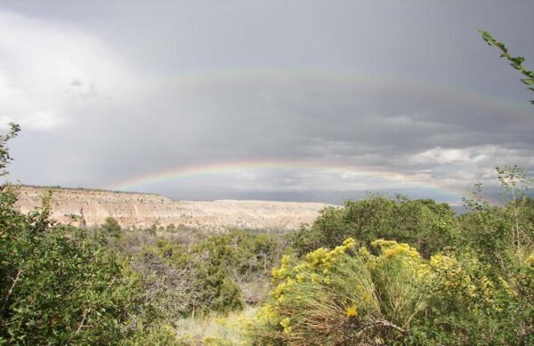 A vibrant rainbow arcs over a rugged landscape of hills and shrubs under a cloudy sky