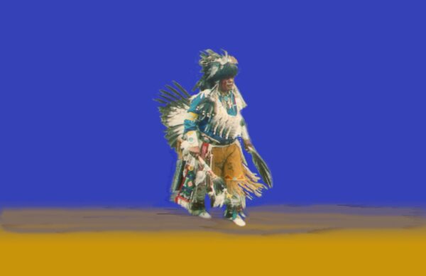 A performer in traditional Native American attire,